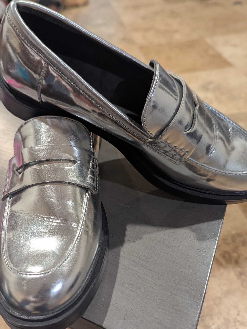 A New Day Women’s 7.5 Metallic Silver Penny Loafers Shiny Dress Shoes